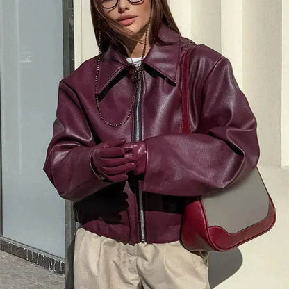 Fashioned Oversized zipper Lapel Leather coat jacket for women