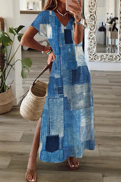 Women’s Elegant 3D Print Summer Dress – Split Hem Mid-Length Fashion Dress