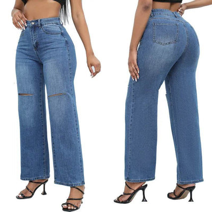 Elegant Ripped Wide-leg Baggy Jeans Pant Women