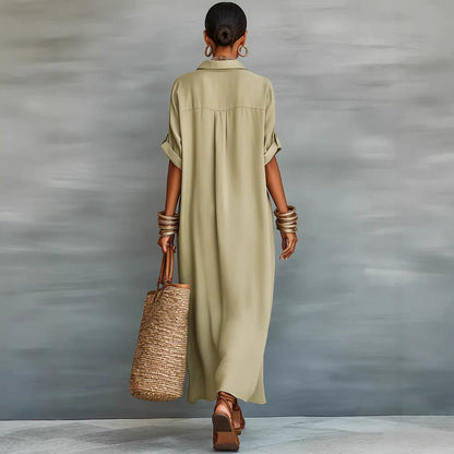 Women’s Summer Short-Sleeve Shirt Dress – Lapel Collar Button-Front Maxi Dress