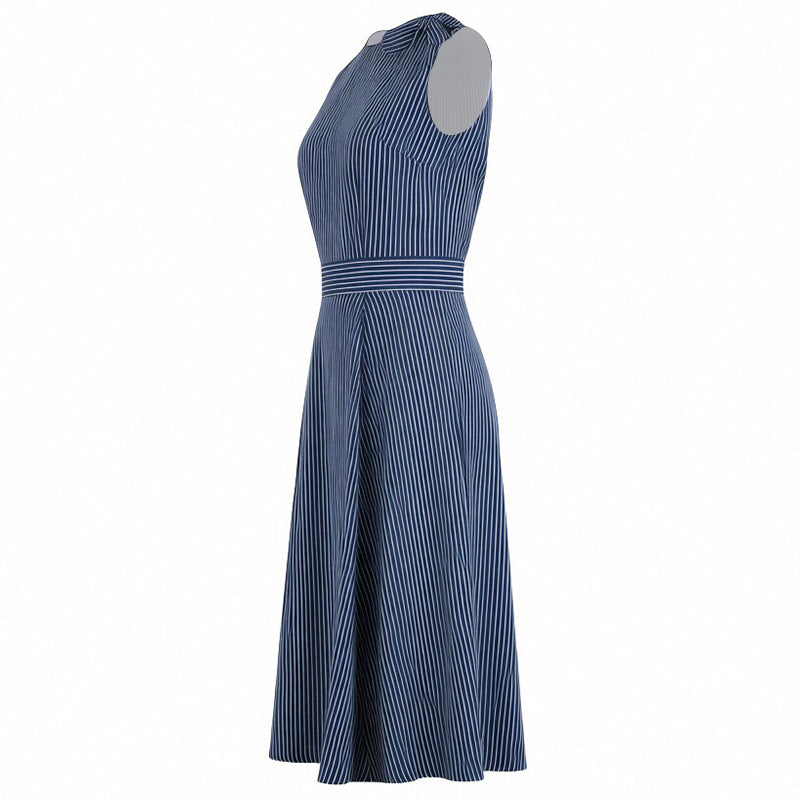 French-Style Vintage Striped Sleeveless High-Waisted Long Dress