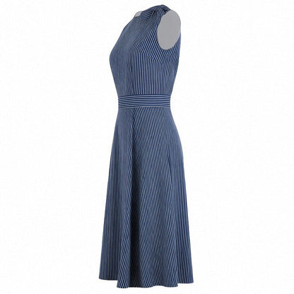 French-Style Vintage Striped Sleeveless High-Waisted Long Dress