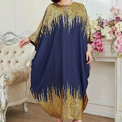 Fashion Embellish Fancy Abaya Middle East Print Color Contrast Patchwork Bat Sleeve Width Loose Summer Long Sleeve Dress