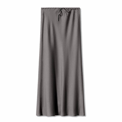 High Quality Satin Silk High Waist Drawstring Lace-up Solid Women Satin Midi Skirt