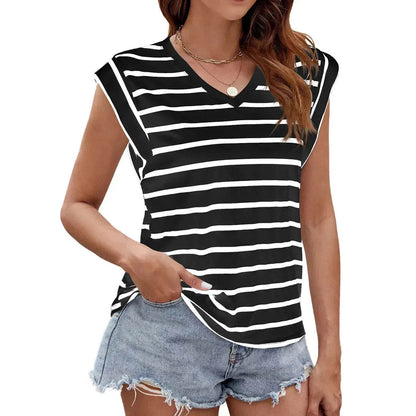 T-shirt à manches courtes et col en V imprimé rayures tendance, haut décontracté ample d'été pour femme