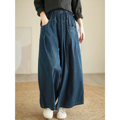 Wide-leg Baggy Jeans Pant Elastic Waist Washed Wear-white Loose Slimming And All-matching Trousers For Women