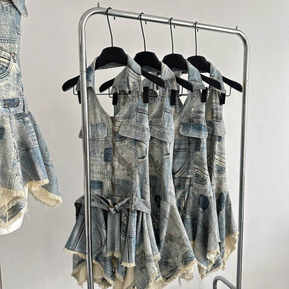 Waist-tight Halter Denim Dress Women's Distressed Retro Slimming Skirt