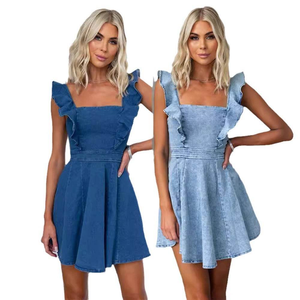 Robe mini évasée en jean décontractée pour femme