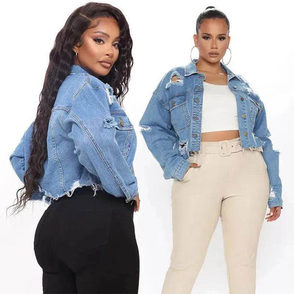 Veste courte en jean déchiré à manches longues pour femmes, coupe courte, ample