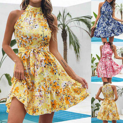 Women's Floral Halter Dress – Summer Lace-Up Ruffle Maxi Dress