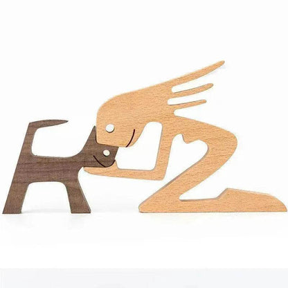DIY Figurine Wood Dog Ornament Sculpture Home Decoration A Man A Dog Wood Sculpture Christmas Gifts Model Decor