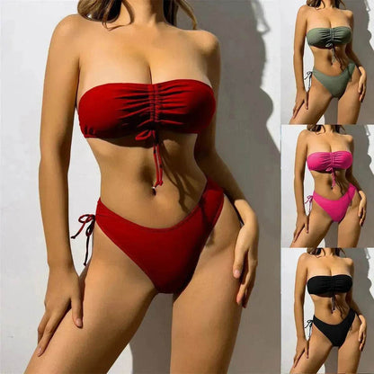 Drawstring Design Tube Bikini Summer Solid Color Charming Swimsuit For Beach Party Womens Clothing