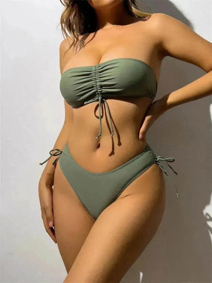 Drawstring Design Tube Bikini Summer Solid Color Charming Swimsuit For Beach Party Womens Clothing