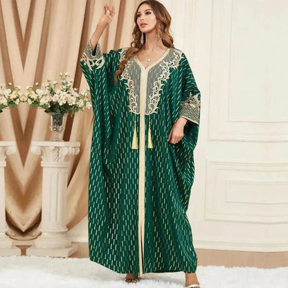 Dubai Turkey Arab Green Gilding Batwing Sleeve Bow Tie Stitching Middle East Popular Plus Size Tassel Split Dress