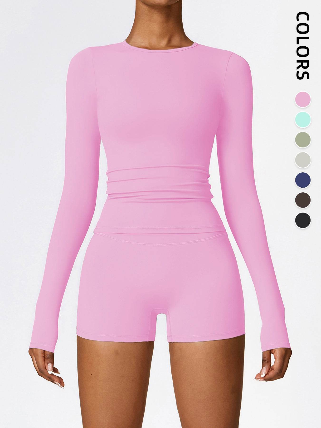 Women's Four Seasons Sports Suit, Women's Long Sleeve Round Neck Sports T-shirt And High Waist Tight Shorts Yoga Suit.