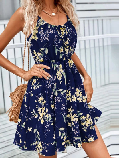 Floral Print Suspender Dress with Elastic Waist – Fashionable Summer Short Dress for Women