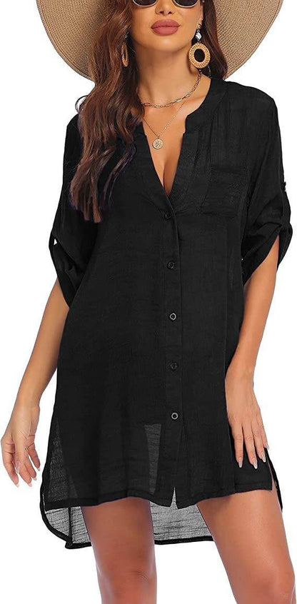 European And American Sun Protection Women Beach Linen Shirt dress
