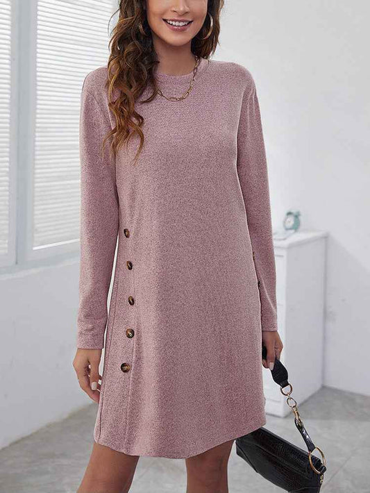 Women's Long-Sleeve Round-Neck Dress – Casual Loose Solid Color Fall & Spring Dress
