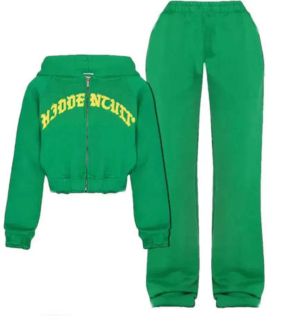 Ensemble de survêtement Ins Letter : Haut court à capuche zippé et pantalon de jogging pour femme – Vêtements de sport deux pièces tendance