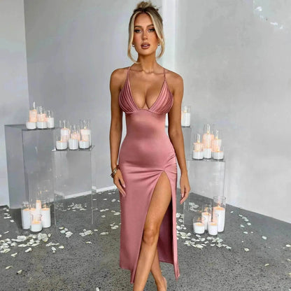 Spaghetti Strap Dress With Split Design Deep V-neck Sleeveless Backless Bodycon Satin  Evening Party Wedding Cocktail Dresses For Womens Clothing