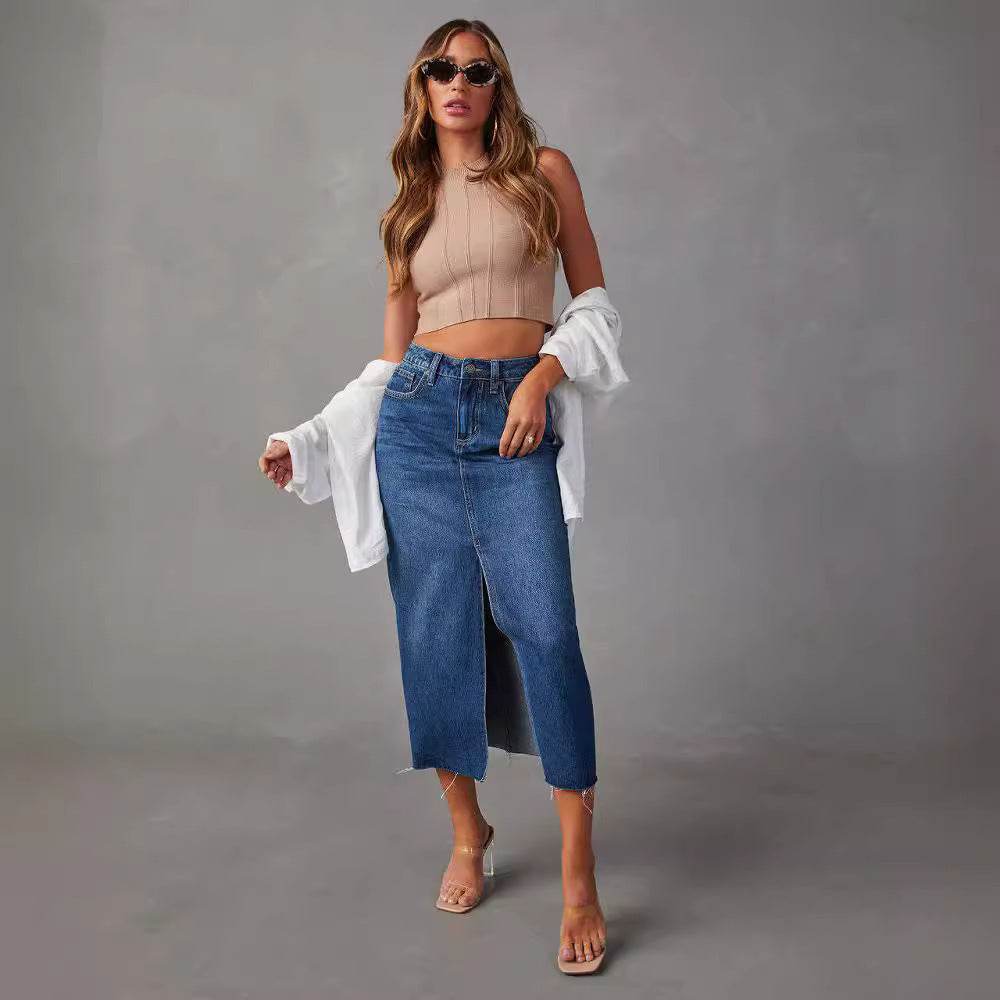 Women's Fashion Slimming front split Midi Denim Skirt