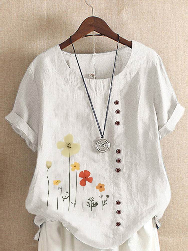 Casual Summer Beach Cotton And Linen Printed Elegant Short Sleeve blouse Top Women