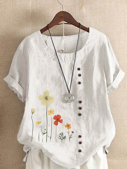 Casual Summer Beach Cotton And Linen Printed Elegant Short Sleeve blouse Top Women