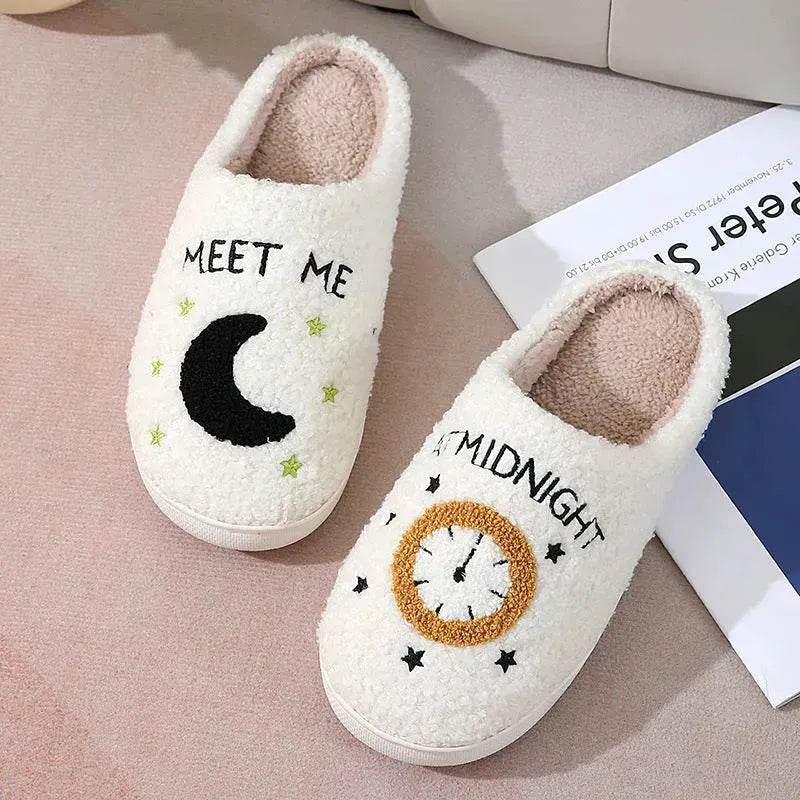 Chaussons d'intérieur imprimés lune et horloge, pantoufles chaudes d'hiver pour chambre à coucher pour femmes