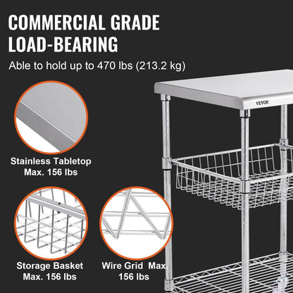 VEVOR 3-Tier Workbench Utility Cart for Kitchen Office
