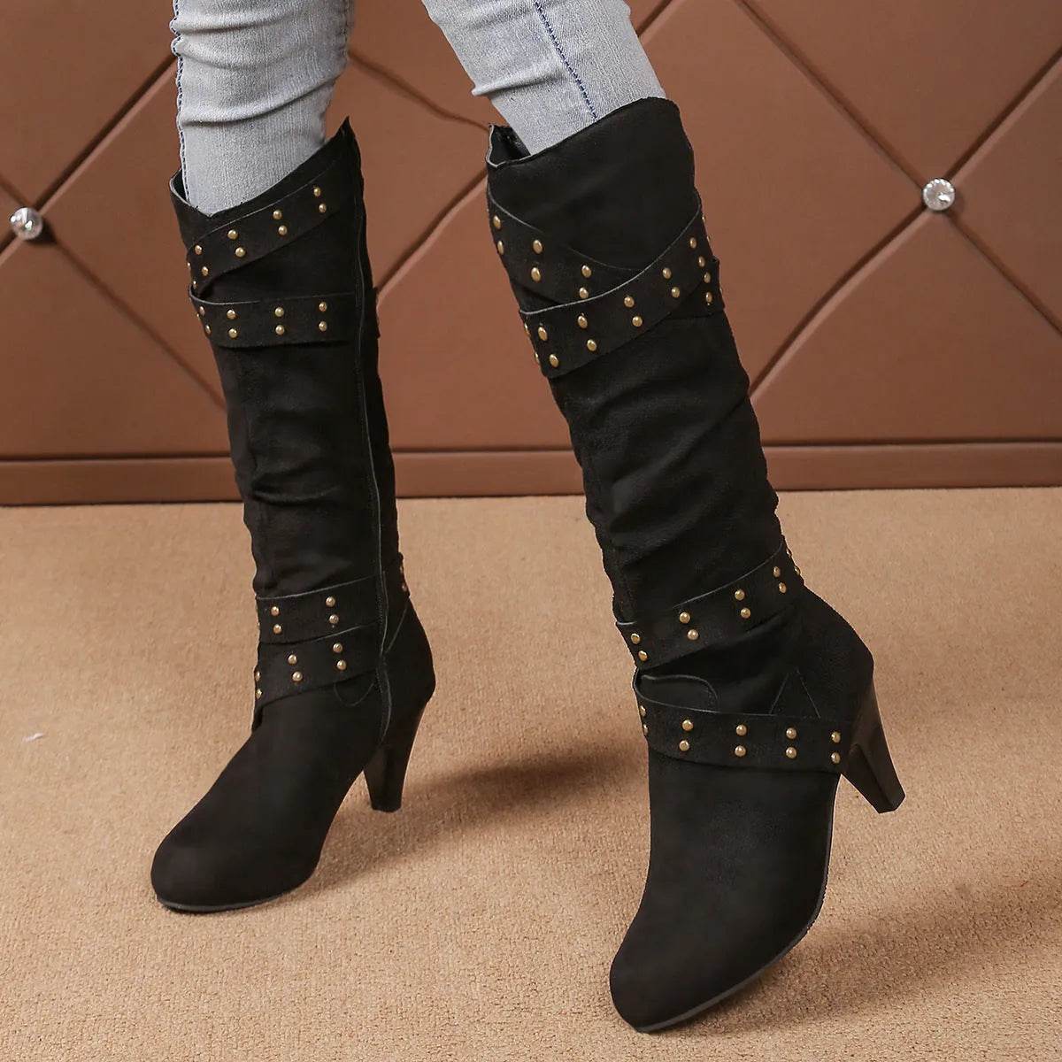 Bottes à talons hauts mode avec lanières croisées et rivets, bottes de cowboy western rétro en V, chaussures décontractées à fermeture éclair pour femmes