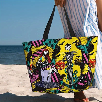 UME Disney Nightmare Before Christmas Jack & Sally Tote Bag - Large Capacity, Durable Polyester Shoulder Bag for Travel, Work, Shopping - Perfect Halloween & Christmas Gift