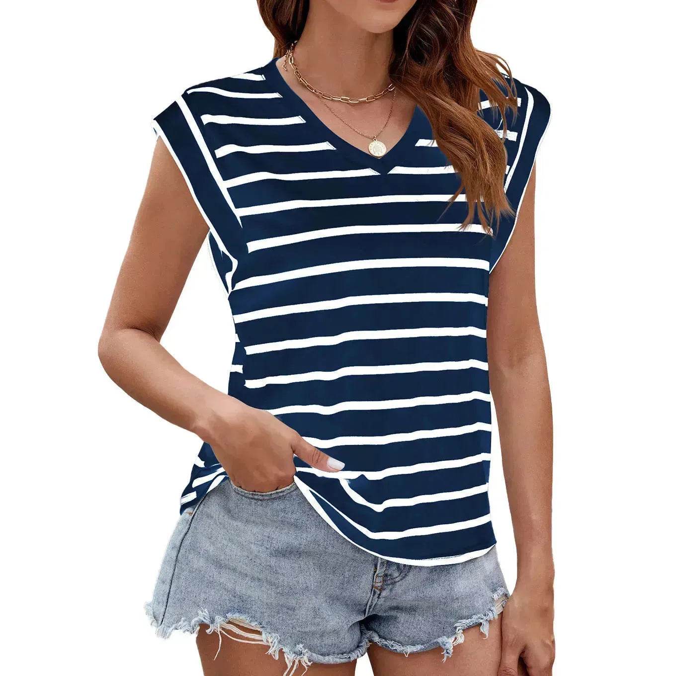 T-shirt à manches courtes et col en V imprimé rayures tendance, haut décontracté ample d'été pour femme