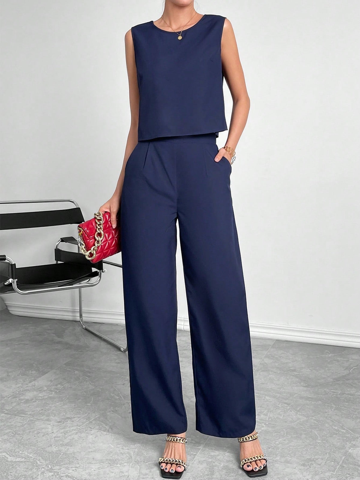 Women's Sleeveless Round Neck Crop Top & Wide Leg Pants Two-Piece Set – Casual Solid Color Office Wear Outfit
