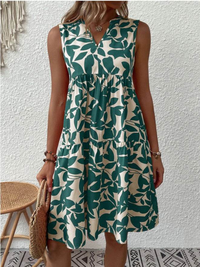 Robes bohèmes d'été, mode plage, col en V ample, imprimé plissé, sans manches, pour femmes