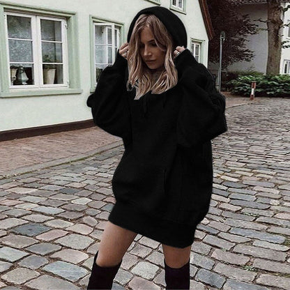 Women’s Solid Color Fleece Hoodie – Loose-Fit Pullover Hooded Sweatshirt