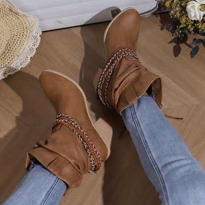Womens Vintage-Inspired Chunky Heeled Cowboy Boots - Fashionable Tassel & Braided Band Detail, Slip-On Comfort, Soft Slouchy Texture - Retro Short Western Boots