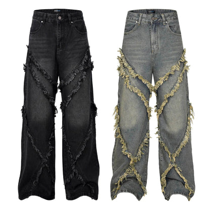 Wash Distressed Stitching Baggy Jeans Pant With Whiskers Same Style For Men And Women