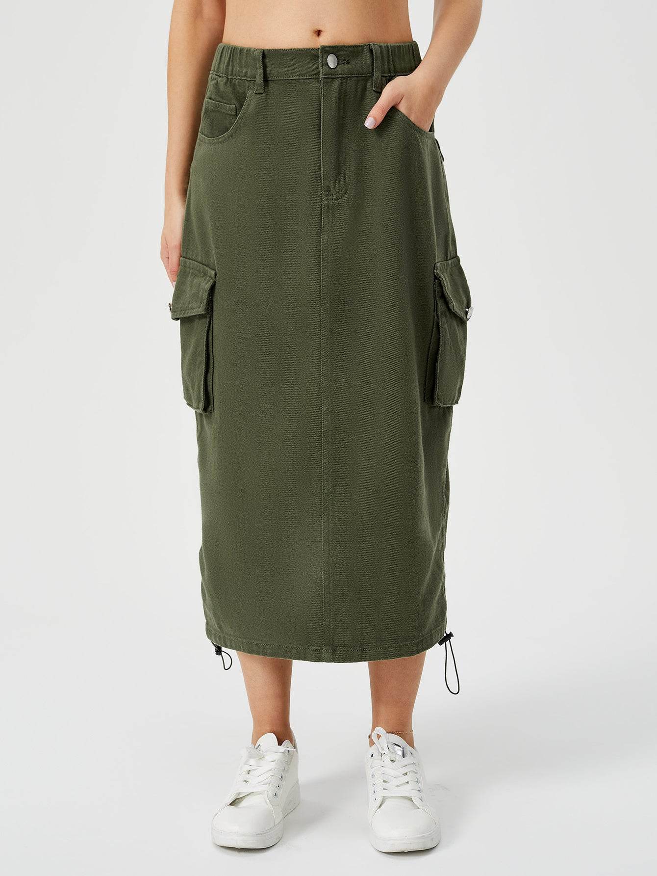 Women Casual Street wear High waisted Pencil Midi Cargo Skirt