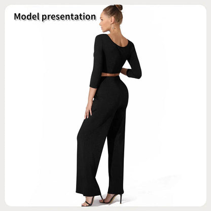 Women Fashion Casual Matching 2pcs set Long Sleeve Crop top and Pant set