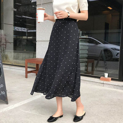 Polka dot High waist Chiffon Flowy Midi skirt women