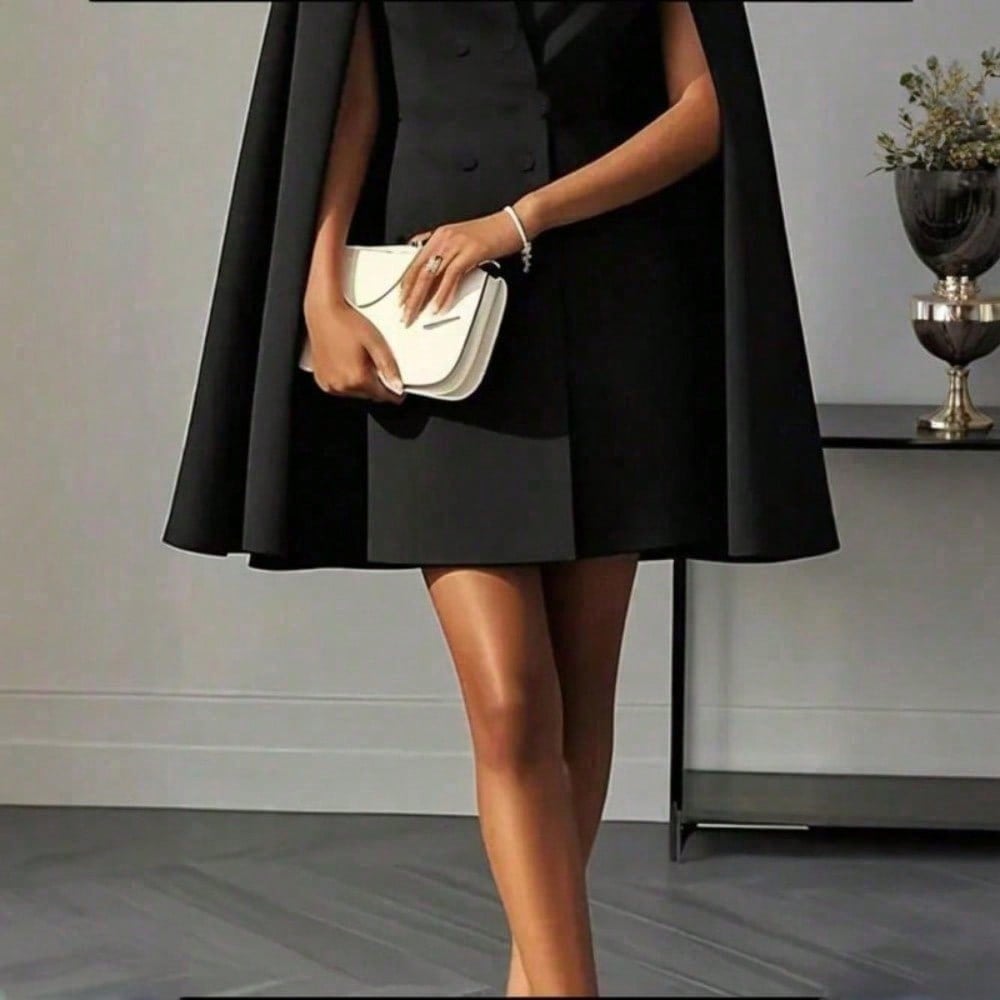 Elegant Cape Blazer Mini Dress For Women, Luxury Double-Breasted V-Neck Formal Dress With Structured Shoulders & Flowing Cape Sleeves.