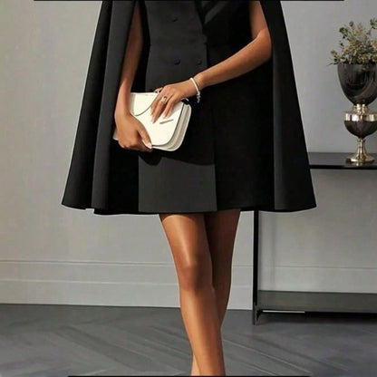 Elegant Cape Blazer Mini Dress For Women, Luxury Double-Breasted V-Neck Formal Dress With Structured Shoulders & Flowing Cape Sleeves.