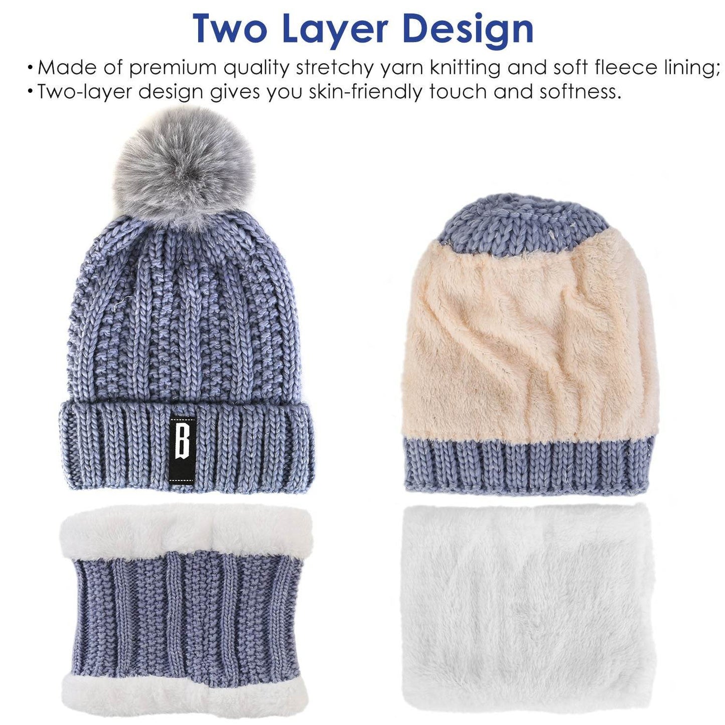 1Set Winter Beanie Hat Scarf Set Women Warm Knitting Skull Cap Neck Warmer For Walking Running Hiking Camping Outdoors Gift