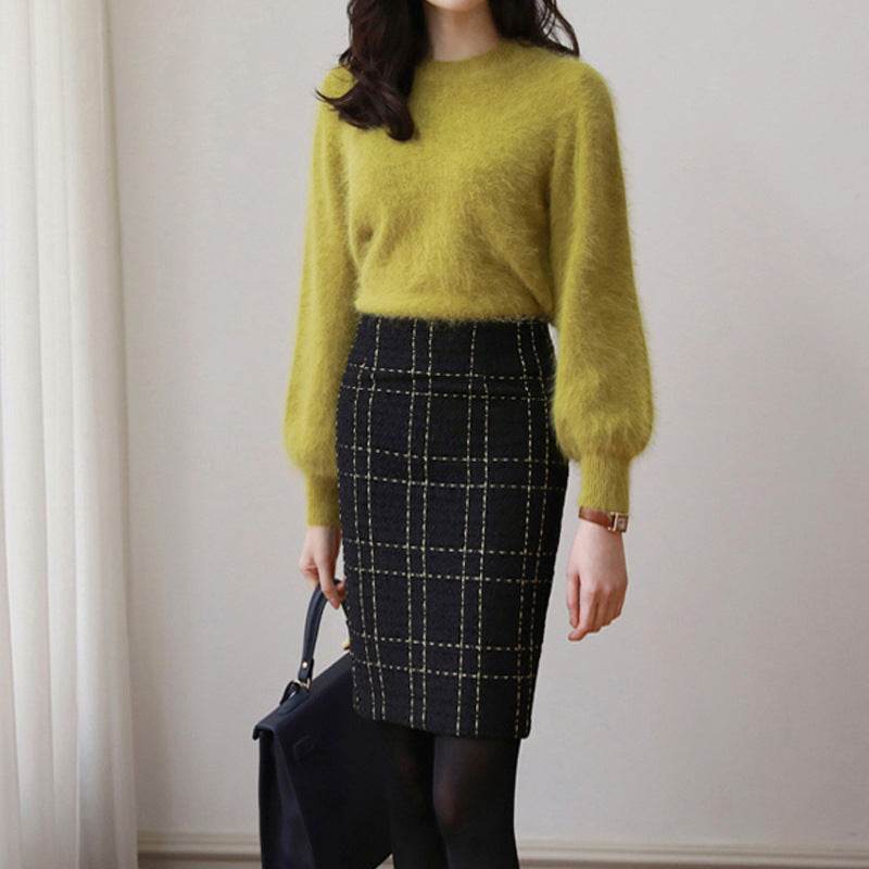 High Waist Black Plaid Sheath A- Line Slimming Woolen Mini Sheath Skirt