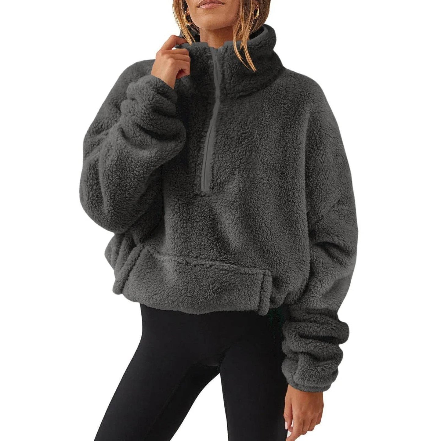 Pull pour femme en velours européen et américain, doublé polaire, avec demi-fermeture éclair et col montant