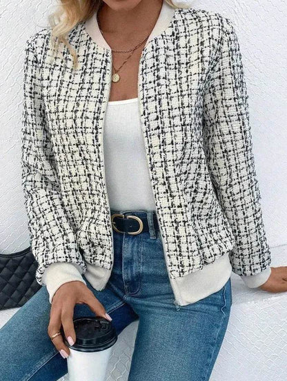 Veste décontractée d'extérieur pour femme, à manches longues, à carreaux, pied-de-poule et fermeture éclair, collection automne-hiver