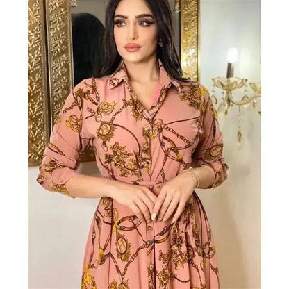 Dubai Long Dress Middle East Autumn Chain Print Swing Dress Turkish  Floral Long Sleeve dress