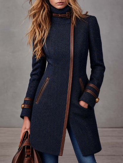 Women’s Mid-Length Herringbone Tweed Coat – Side-Zip Wool-Blend Jacket