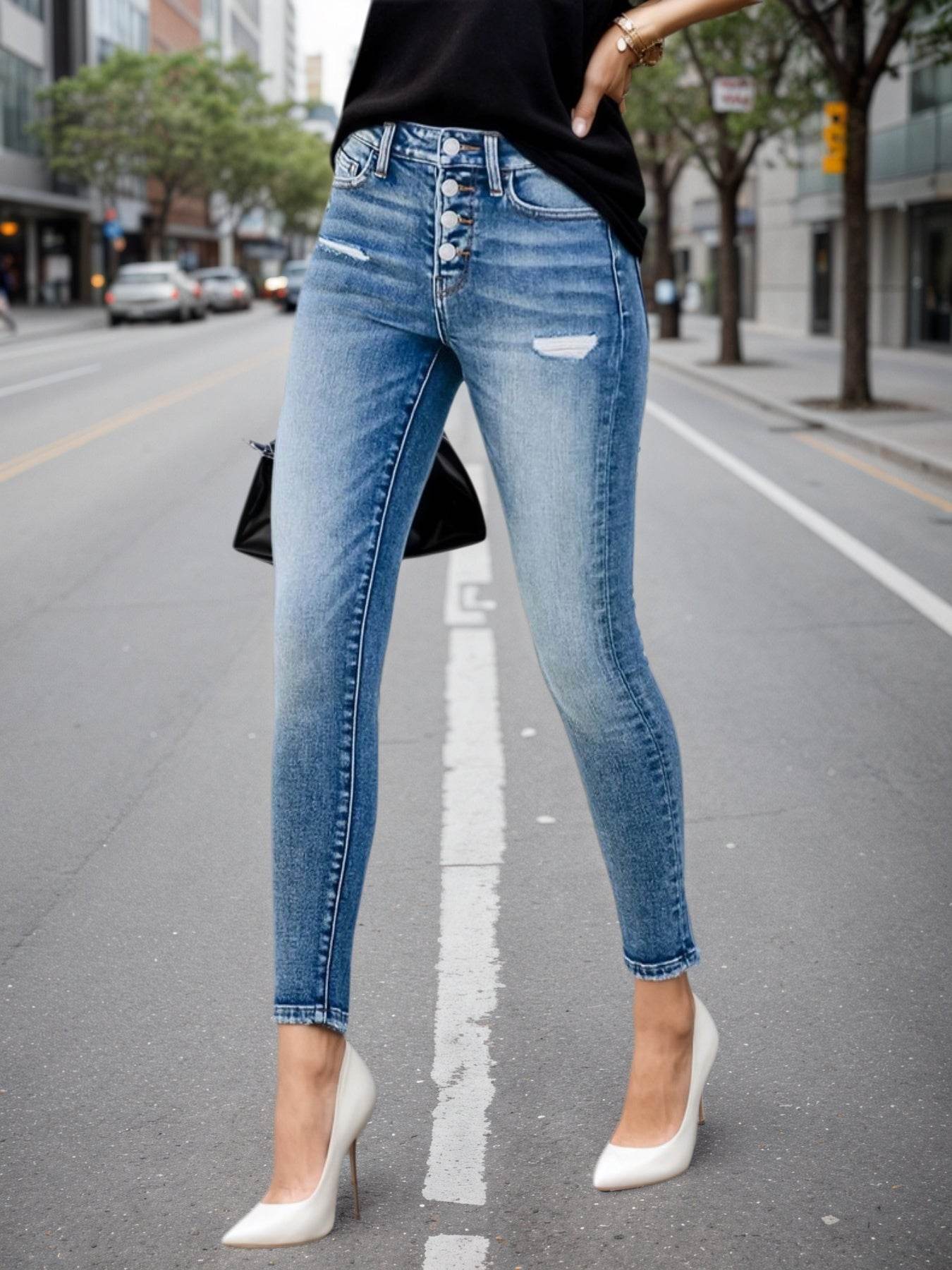 High Waisted Jeans – Women’s Blue Washed Slim Fit Denim