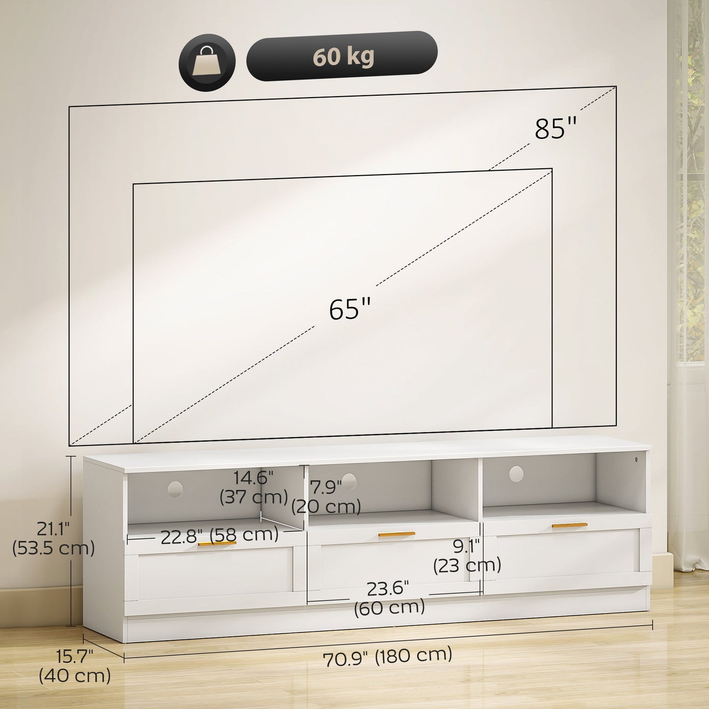 Dallas Modern TV Stand with Storage Drawers for TVs up to 85"-White